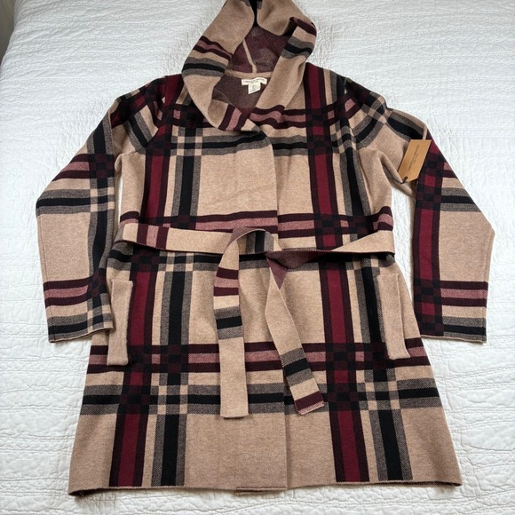 Christian Siriano Sweaters - NWT Christian Siriano Hooded Cardigan L Tan Plaid Belted Knit Sweater Jacket
